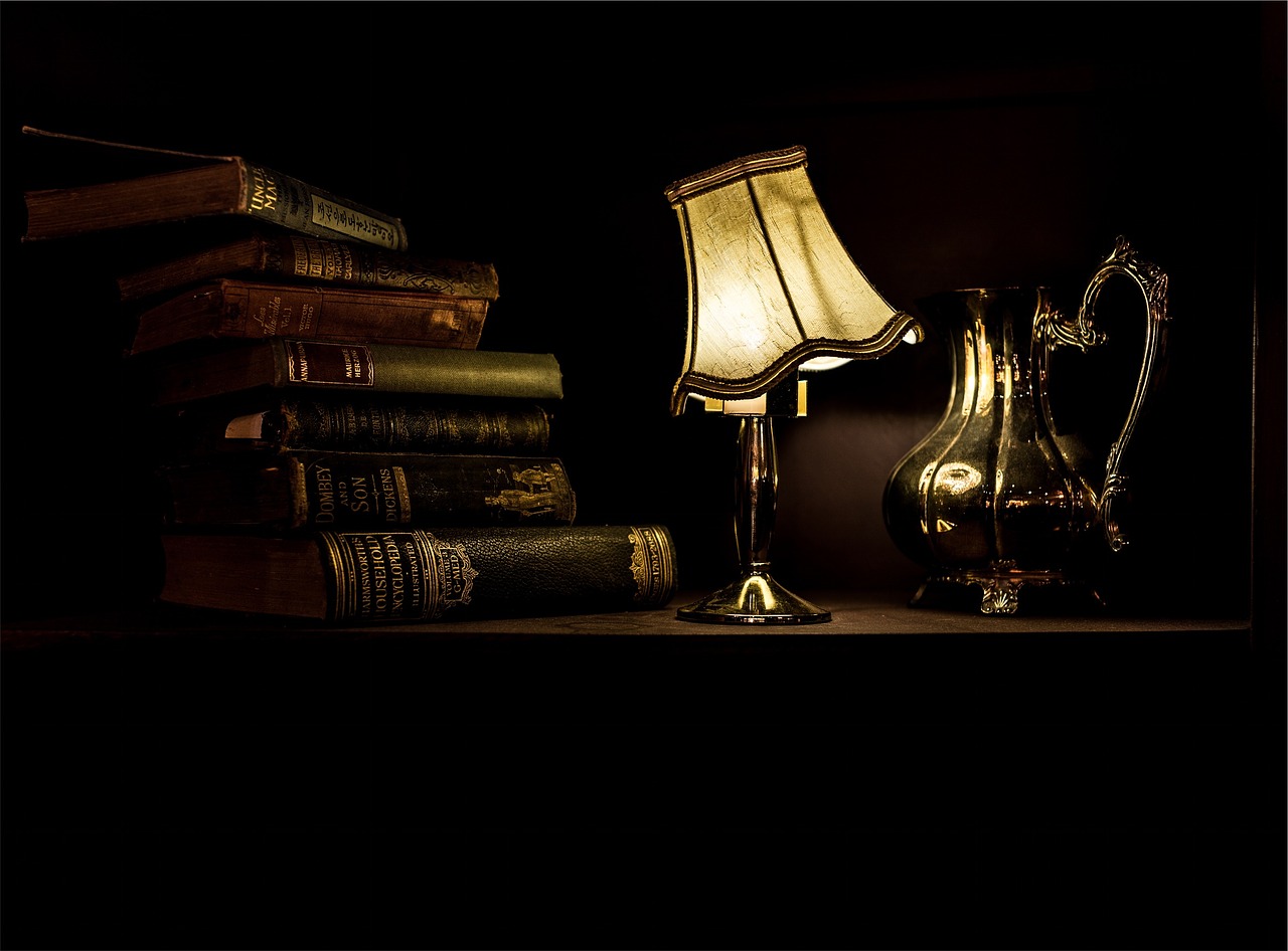 Image - desk lamp light wood books