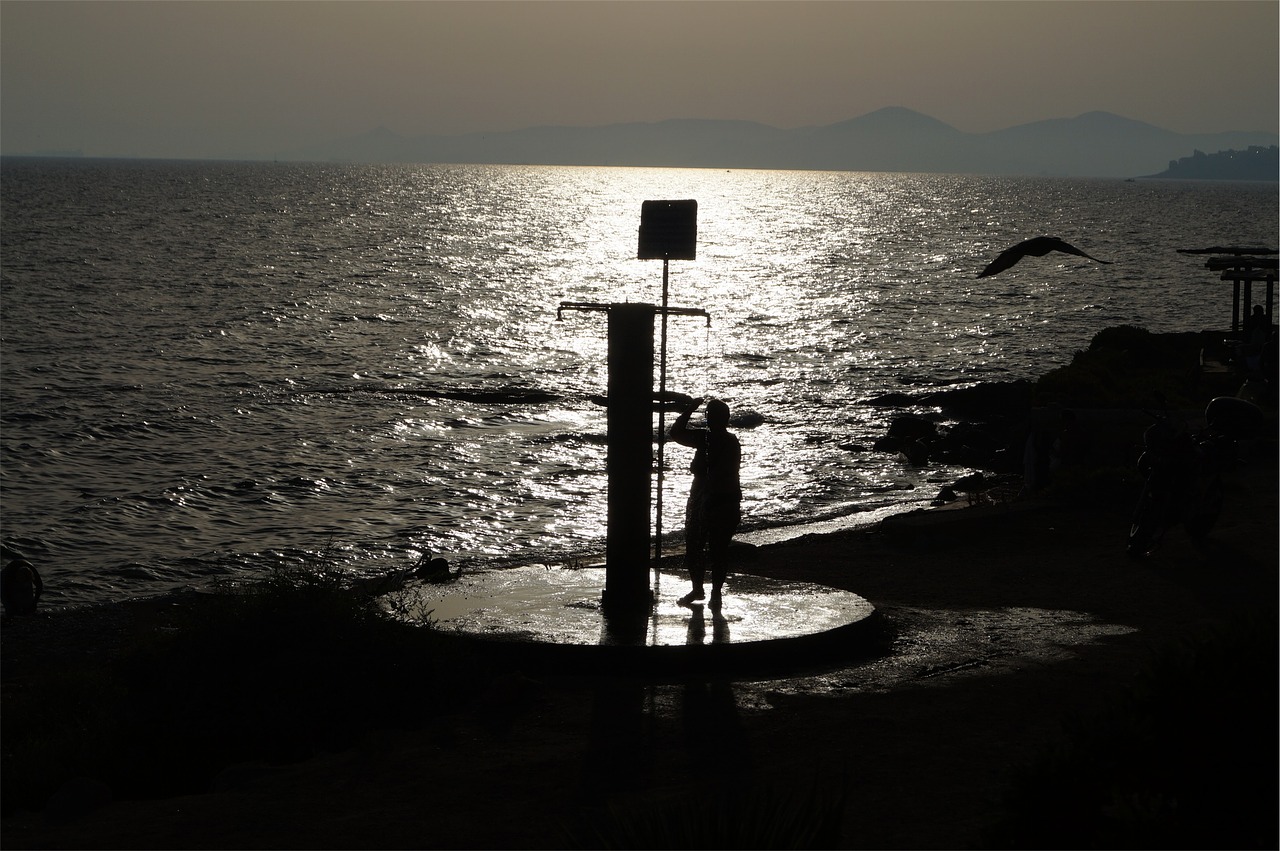 Image - shower fountain sunset dusk beach