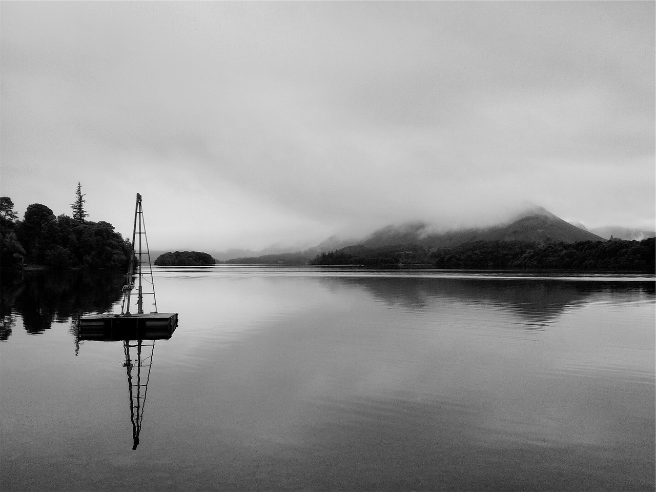 Image - lake water dock mountains clouds