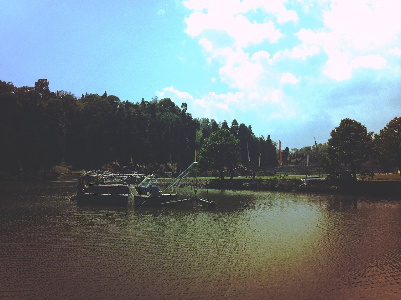 Image - lake water boat trees sky