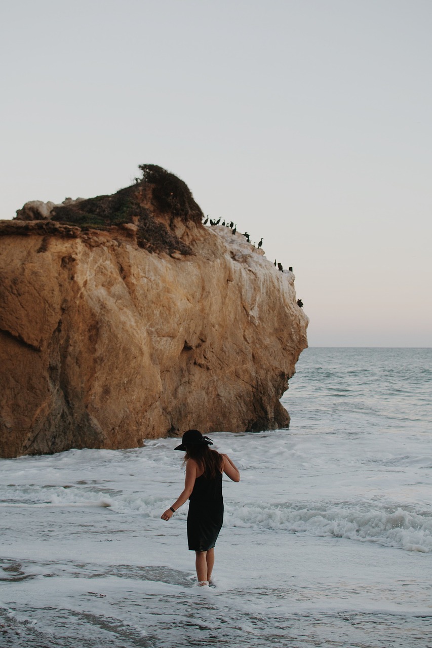 Image - beach water waves girl woman hat