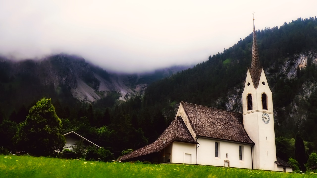 Image - church mountains fog sunrise