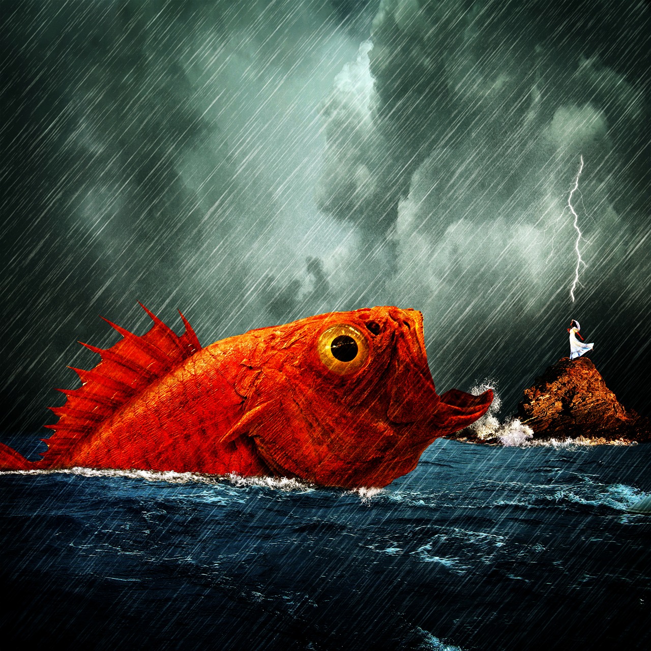 Image - woman fish big fish sea ocean