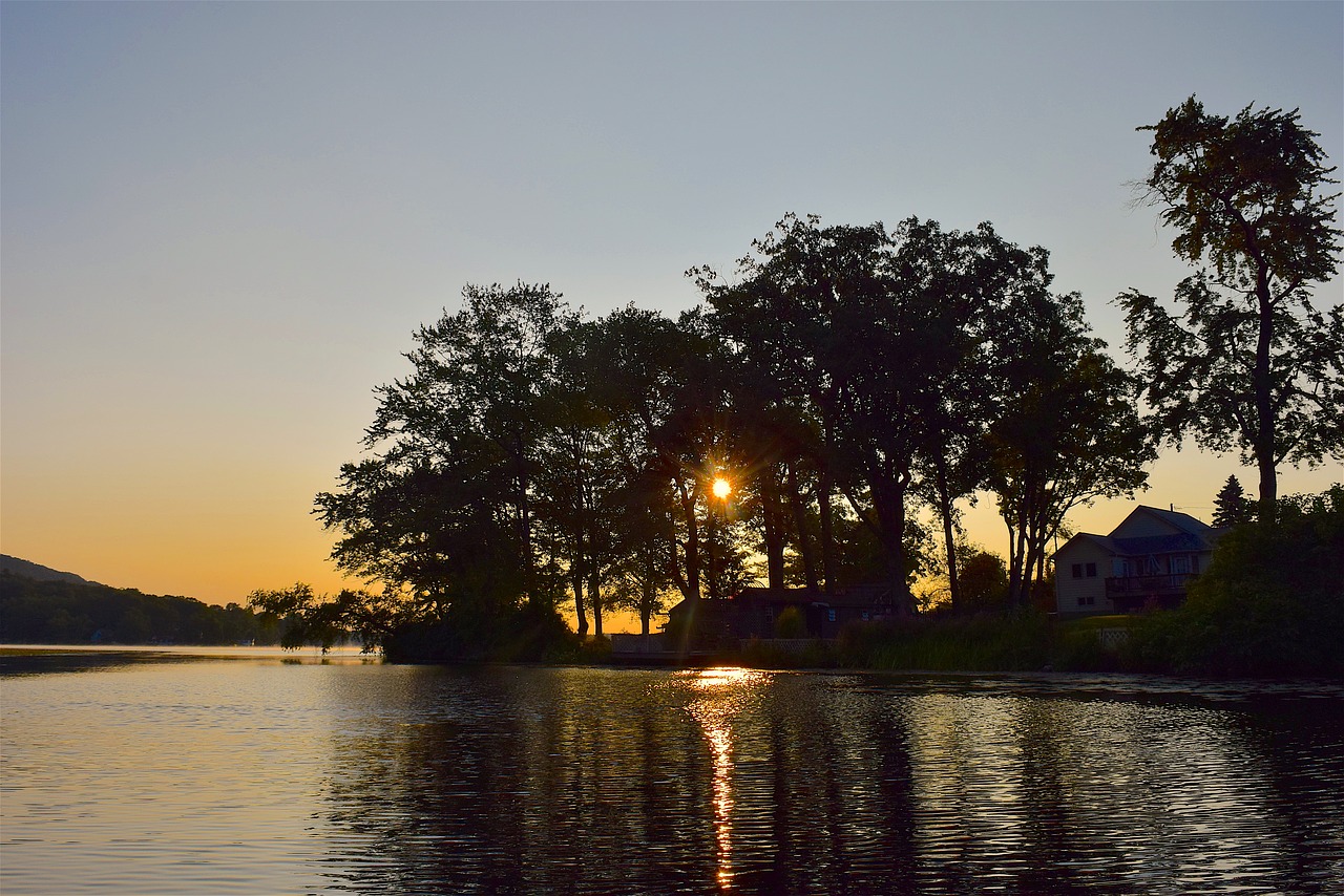 Image - sunrise lake coast water sky