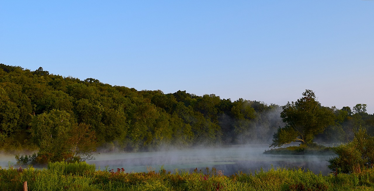 Image - sunrise pond mist water sky