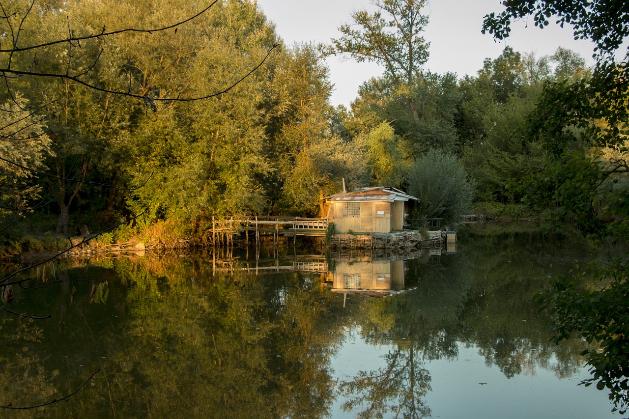 Image - house river water trees nature