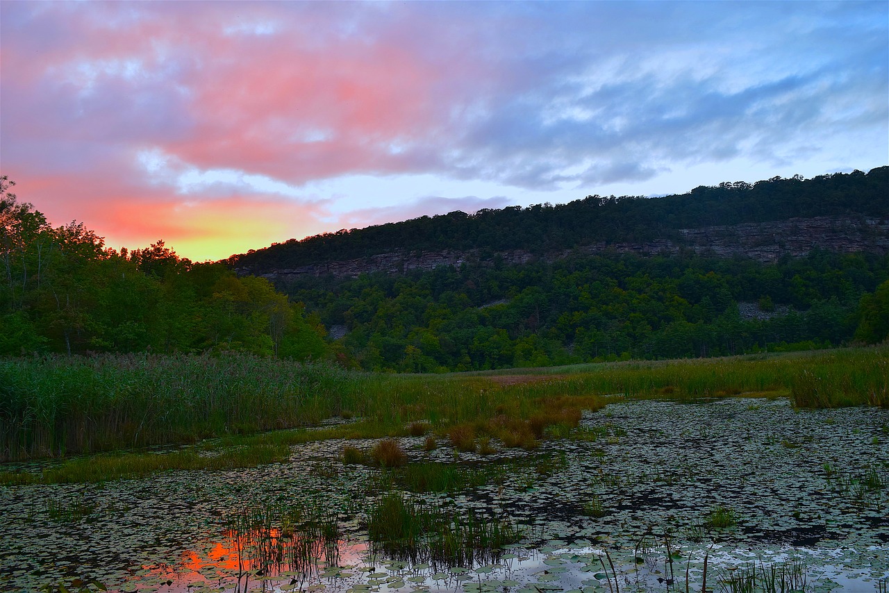 Image - pond sunset sky red color nature