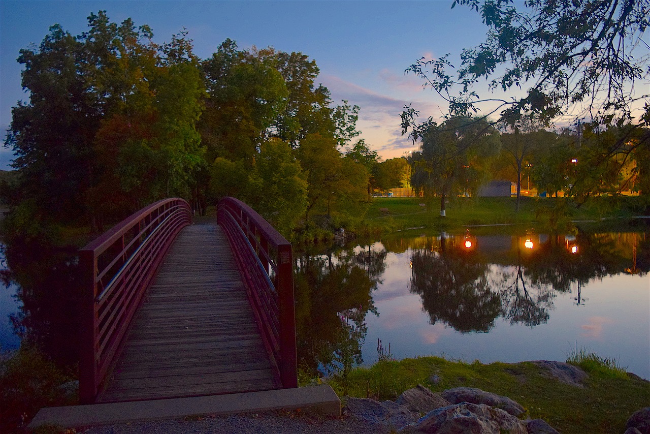 Image - bridge pond sunset park water