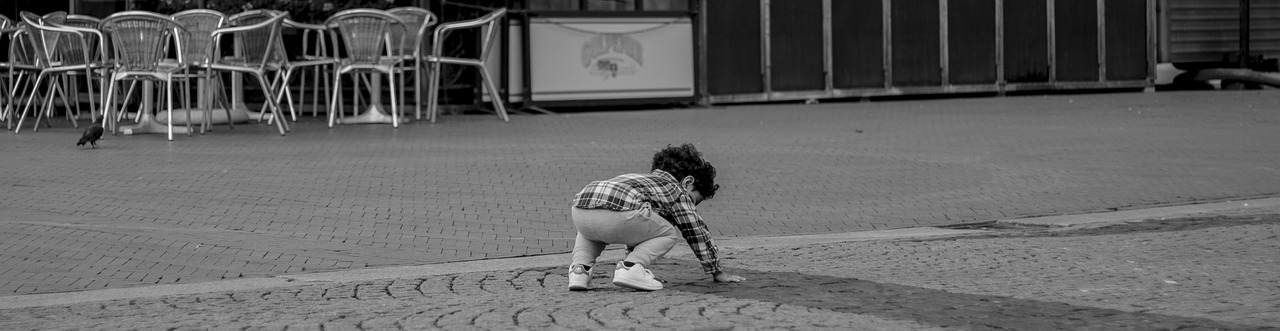 Image - black white road child small child