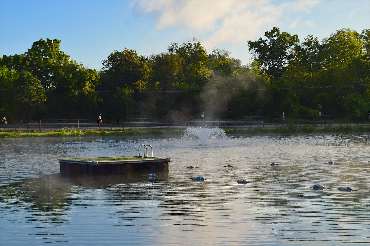 Image - pond sunrise fountain mist water