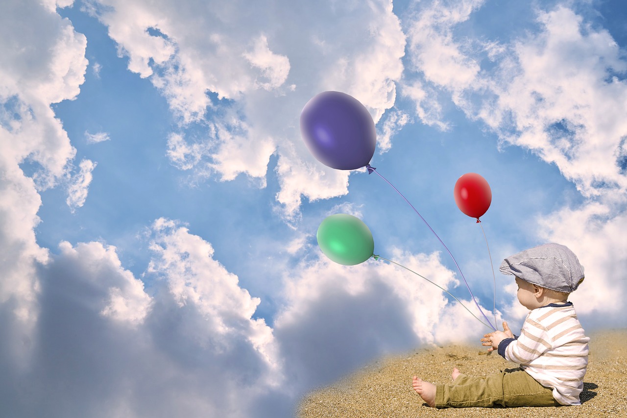 Image - child little kid sit balloons sky