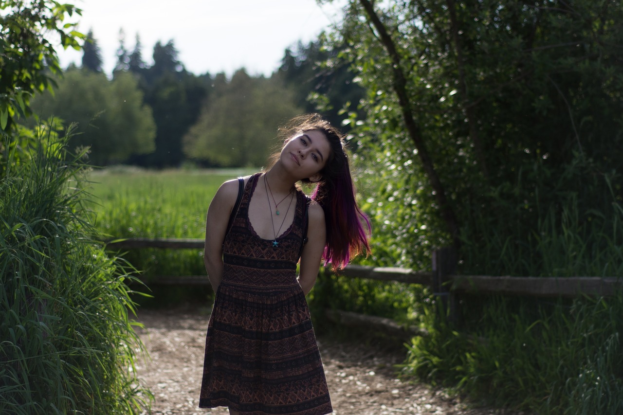 Image - girl outside dress pathway fence