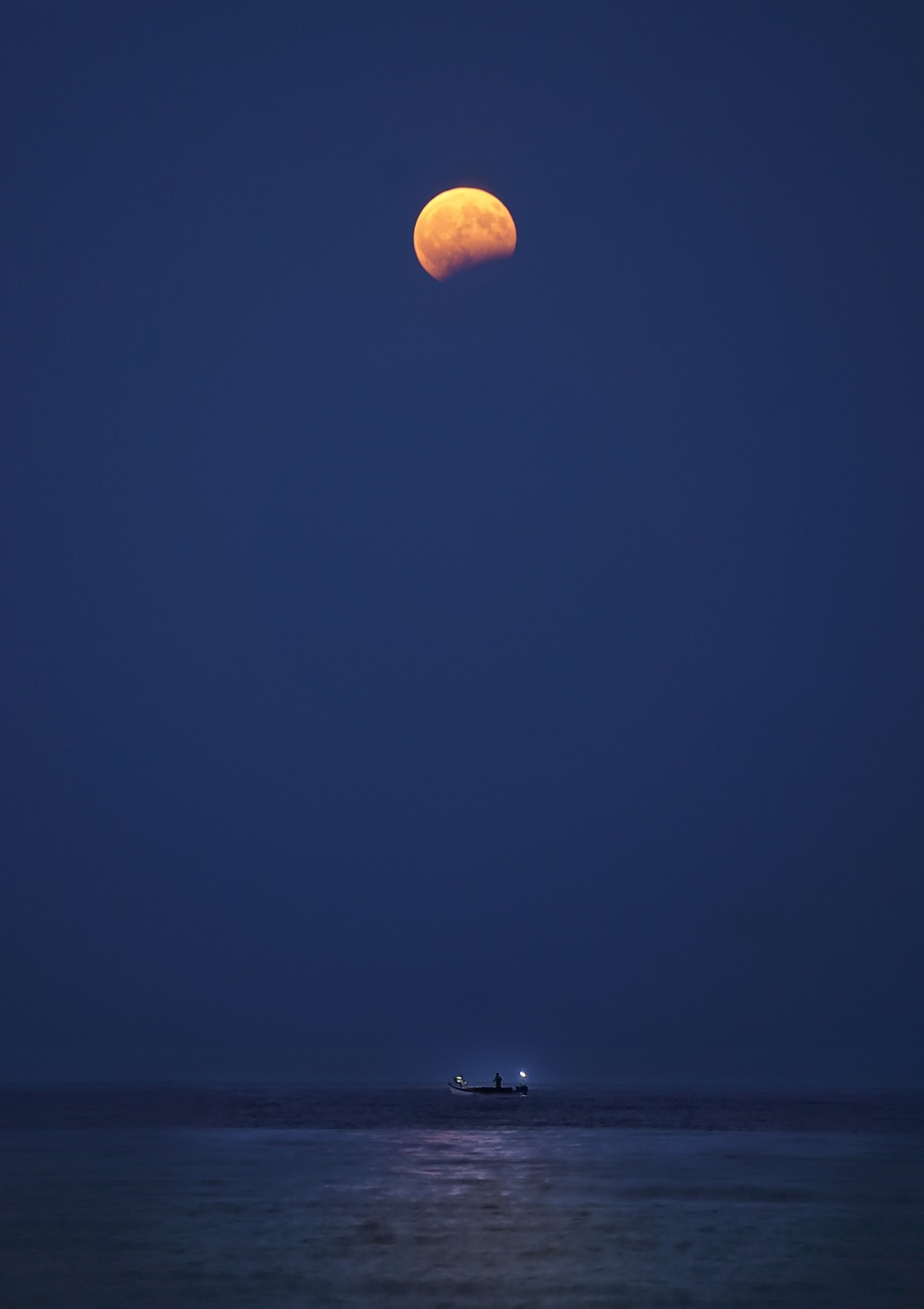 Image - moon sea boat night ocean sky