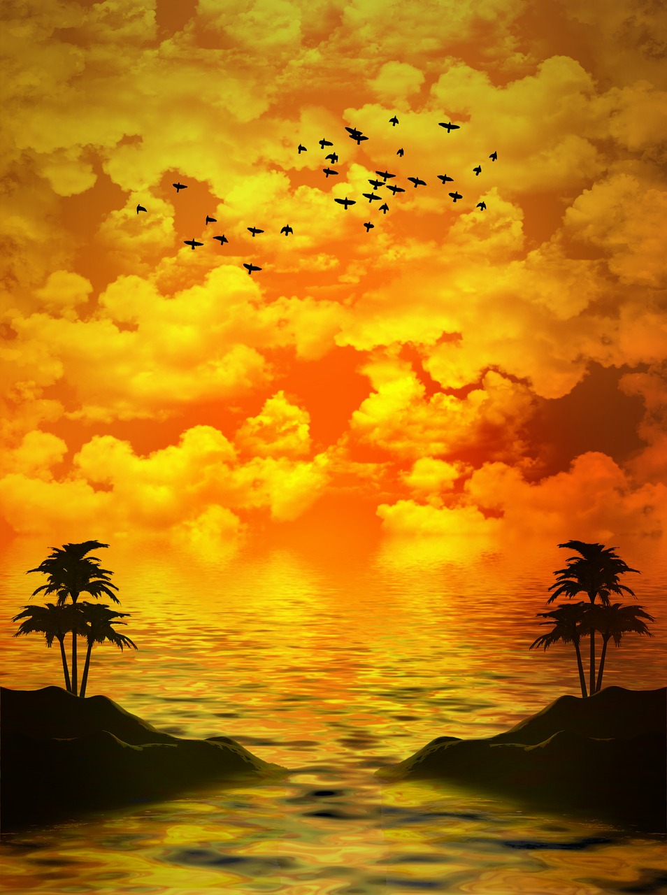 Image - birds palm trees island clouds