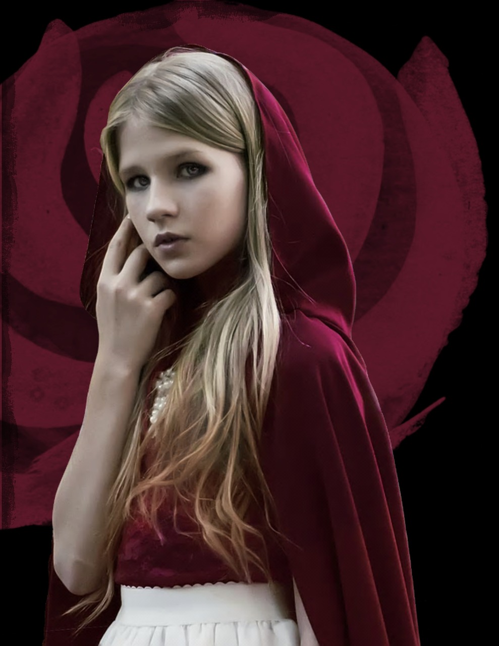 Image - girl red cloak rose flower