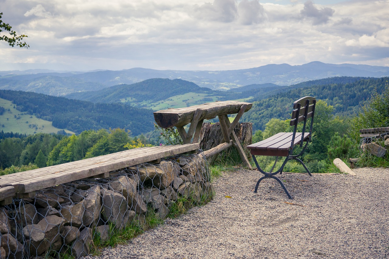 Image - mountains bench dining table view