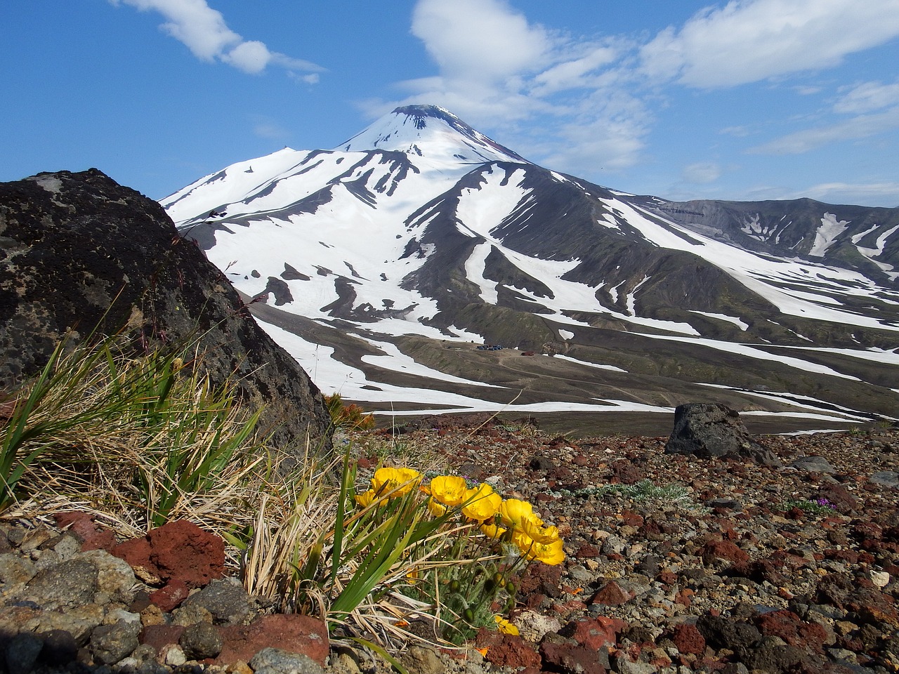 Image - volcano the foot flowers mountains