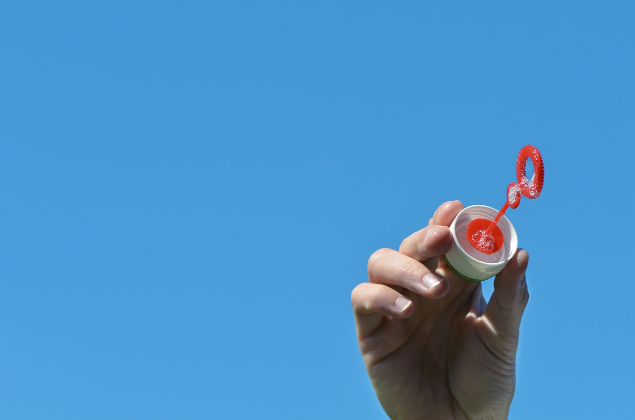 Image - soap bubbles sky hand blue