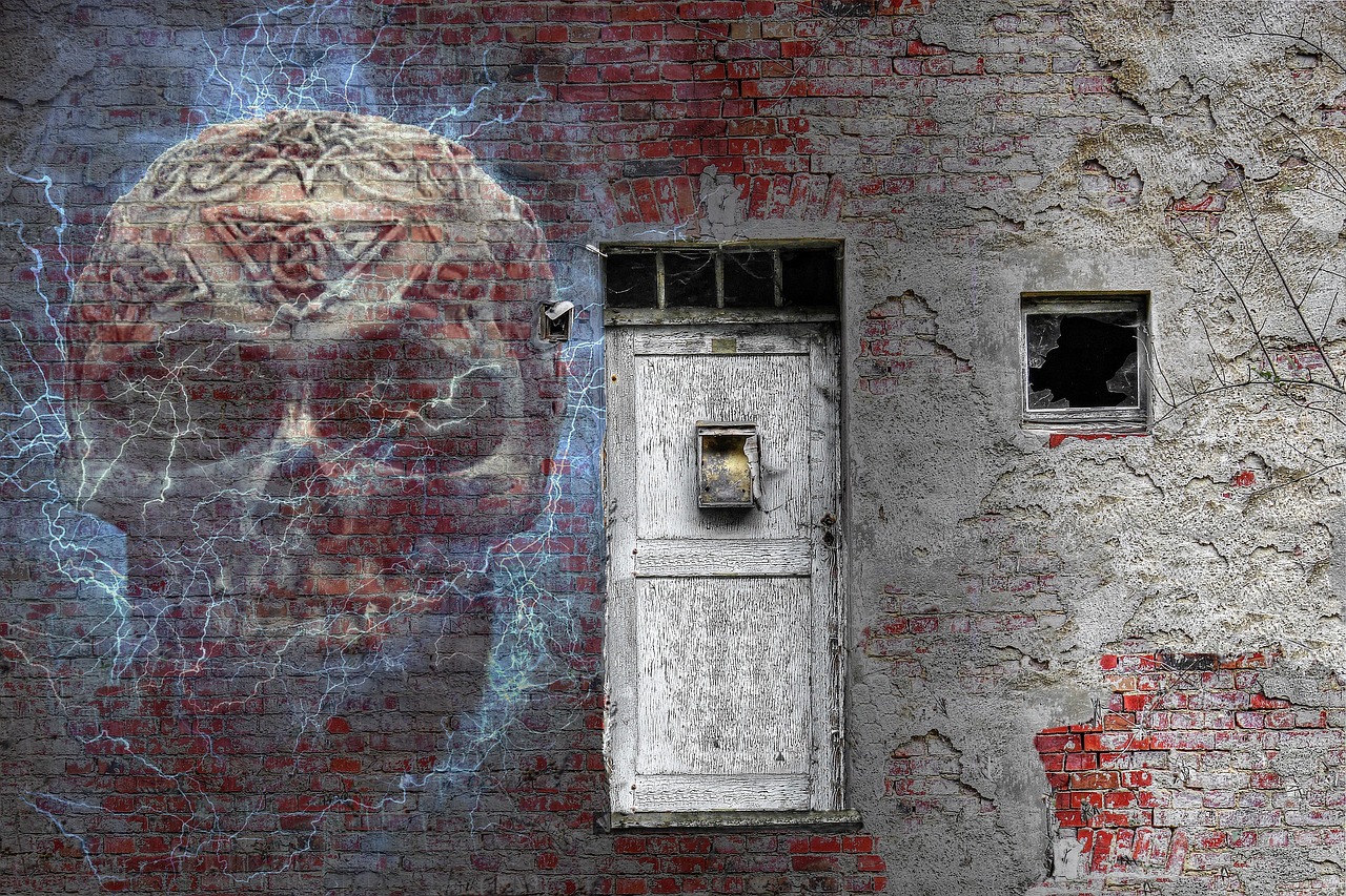 Image - haunted house skull brick wall