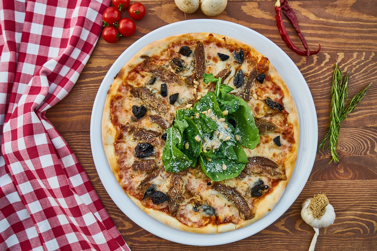 Image - pizza meat dough greens olives