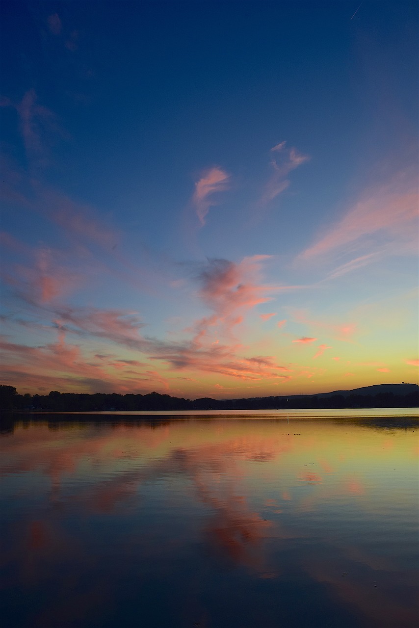 Image - sunset lake clouds pink sky blue