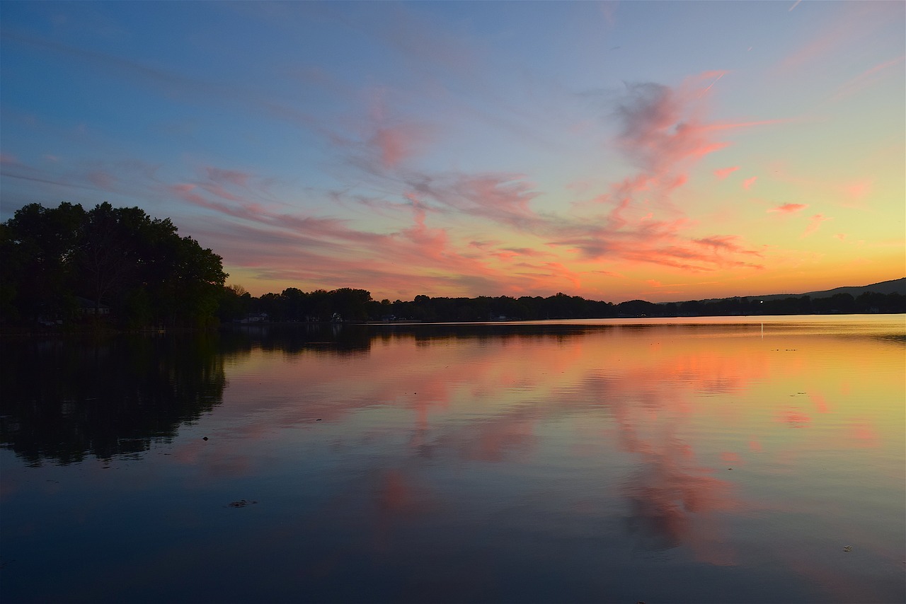 Image - sunset lake clouds pink sky blue