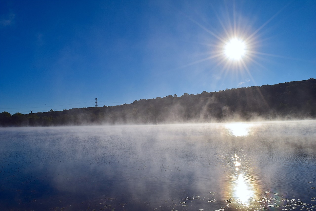 Image - lake mist water sun nature