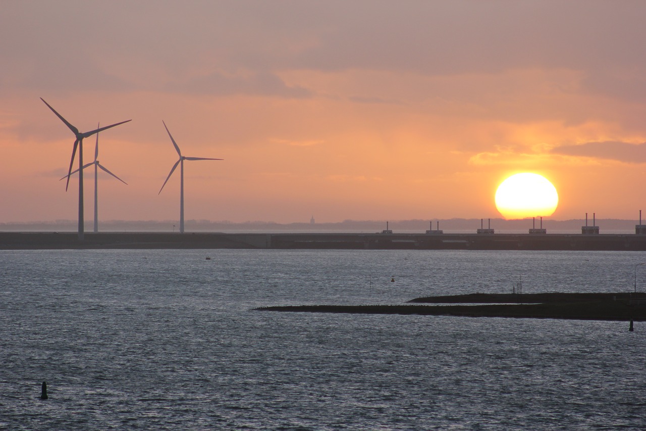 Image - sunset wind mill water