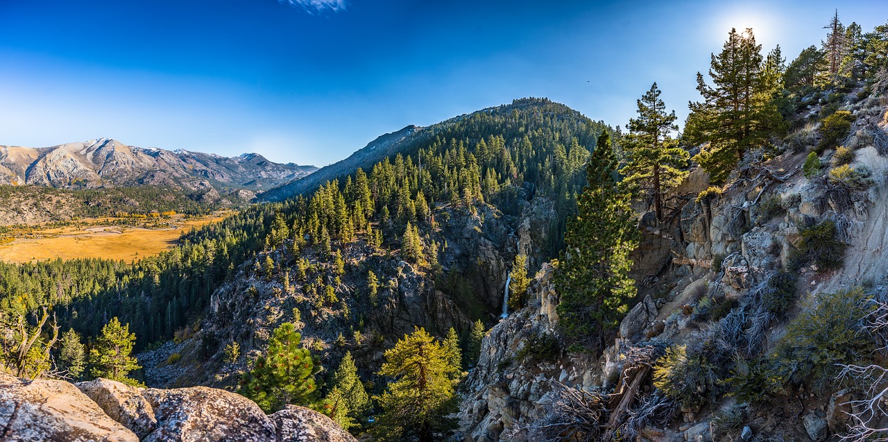 Image - mountains water fall sky trees