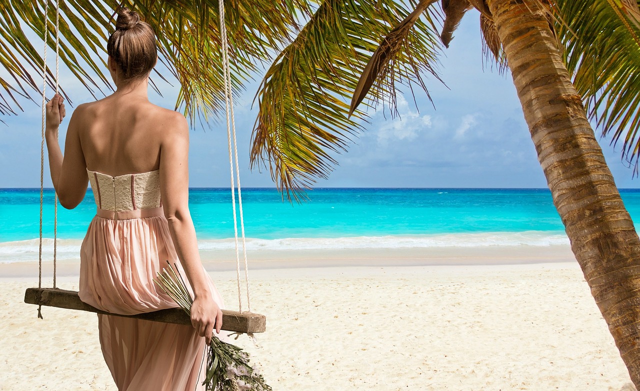 Image - beach woman sea swing blue coast