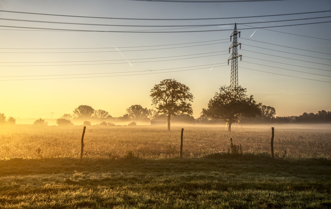 Image - sunrise sun fog autumn power line