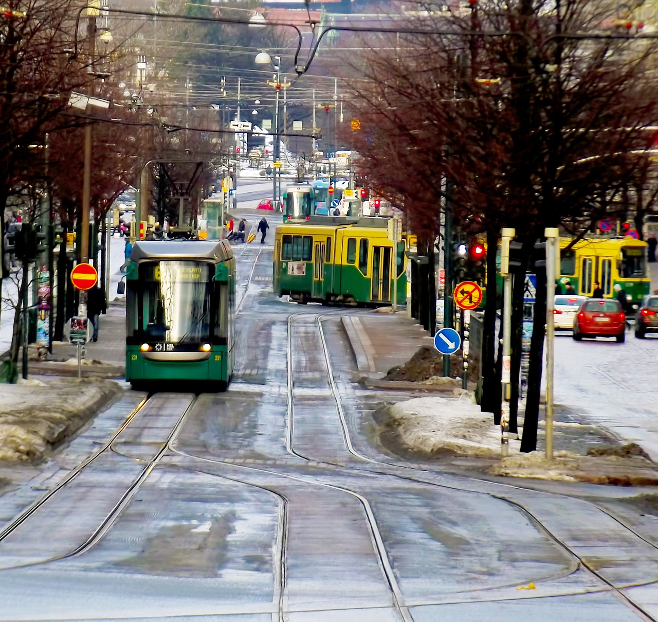 Image - road street tram track trees cars