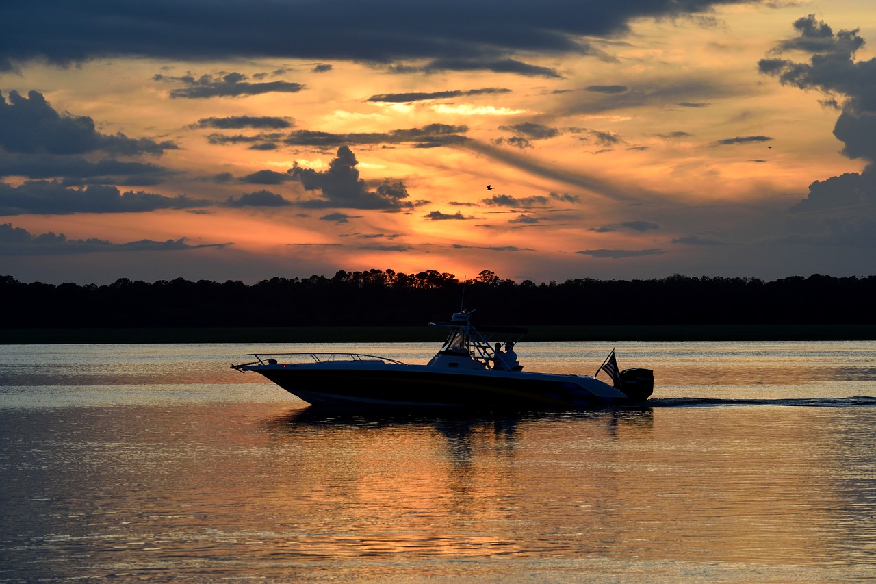 Image - sunset boat fisherman sky river