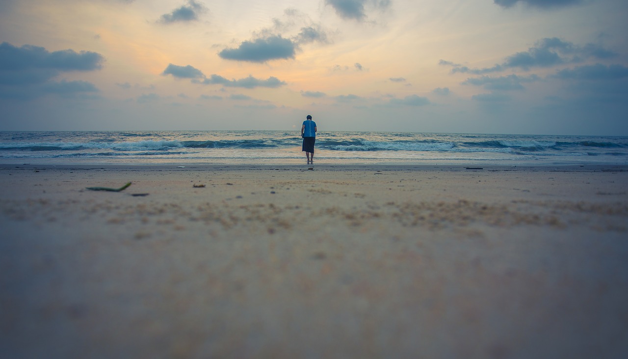 Image - beach walk girl sky blue water