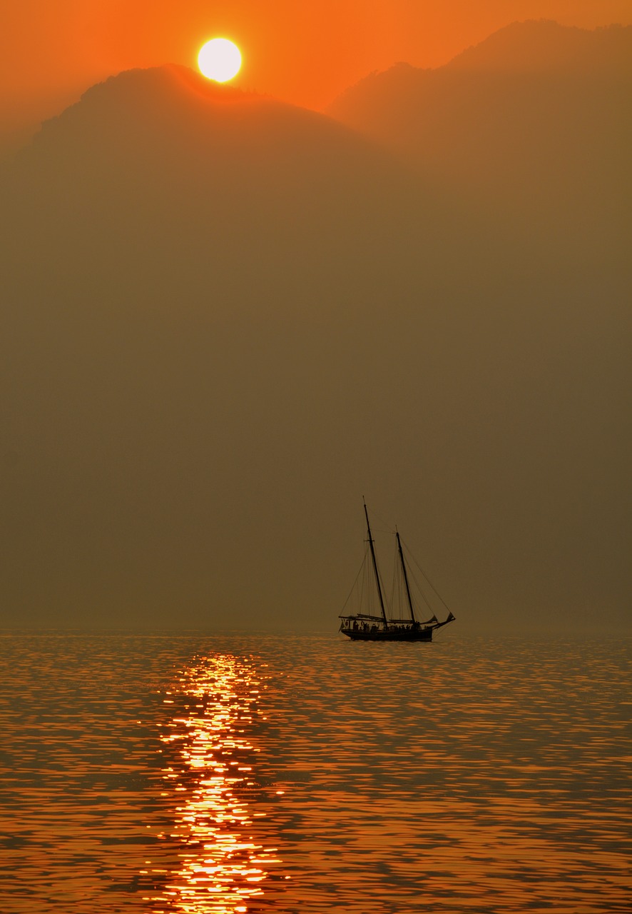 Image - sailing ship lake sunset sun