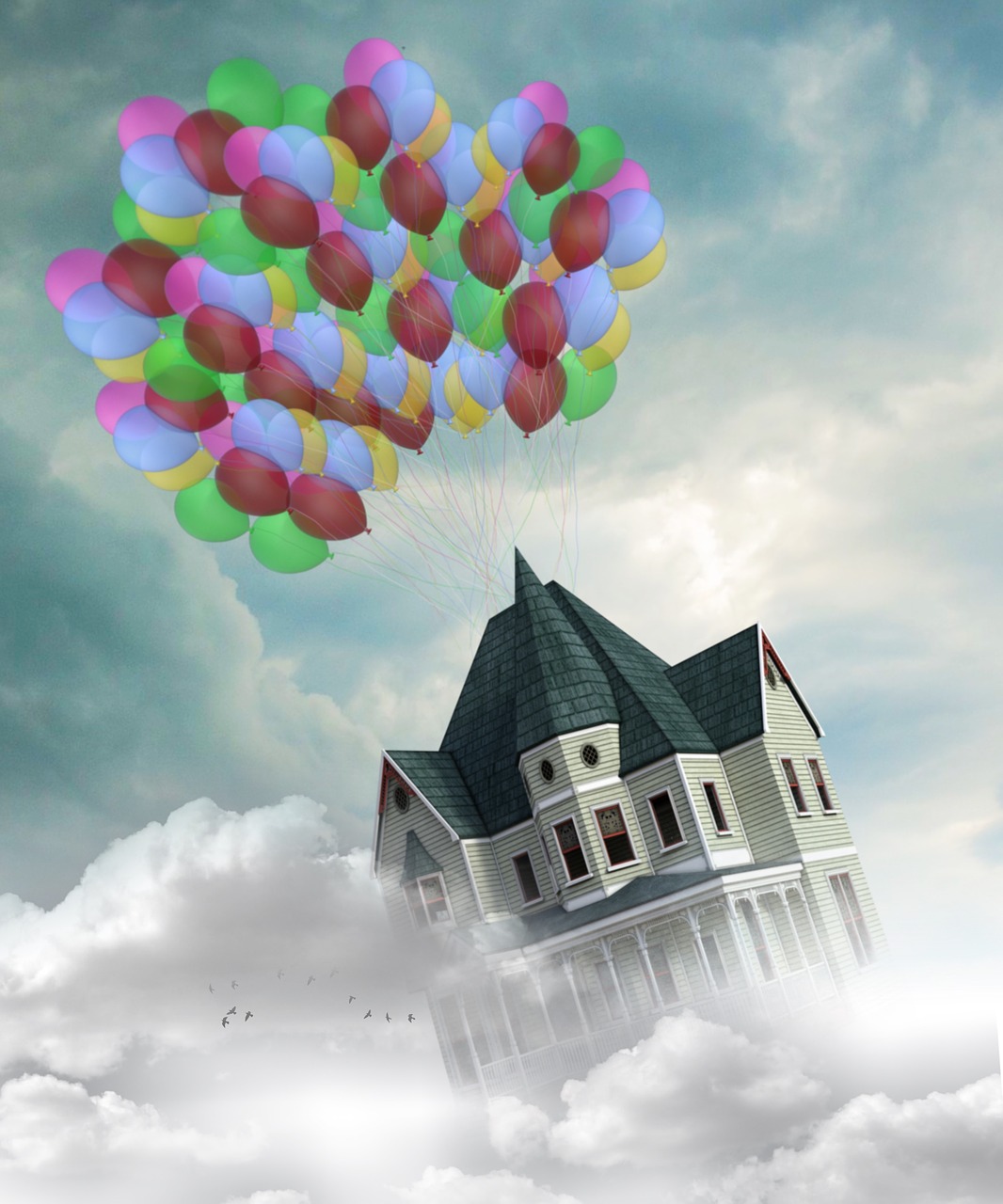 Image - home fly balloons dream clouds