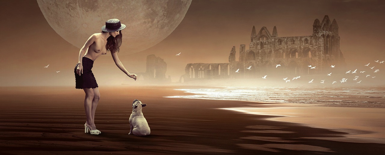 Image - fantasy beach woman dog castle