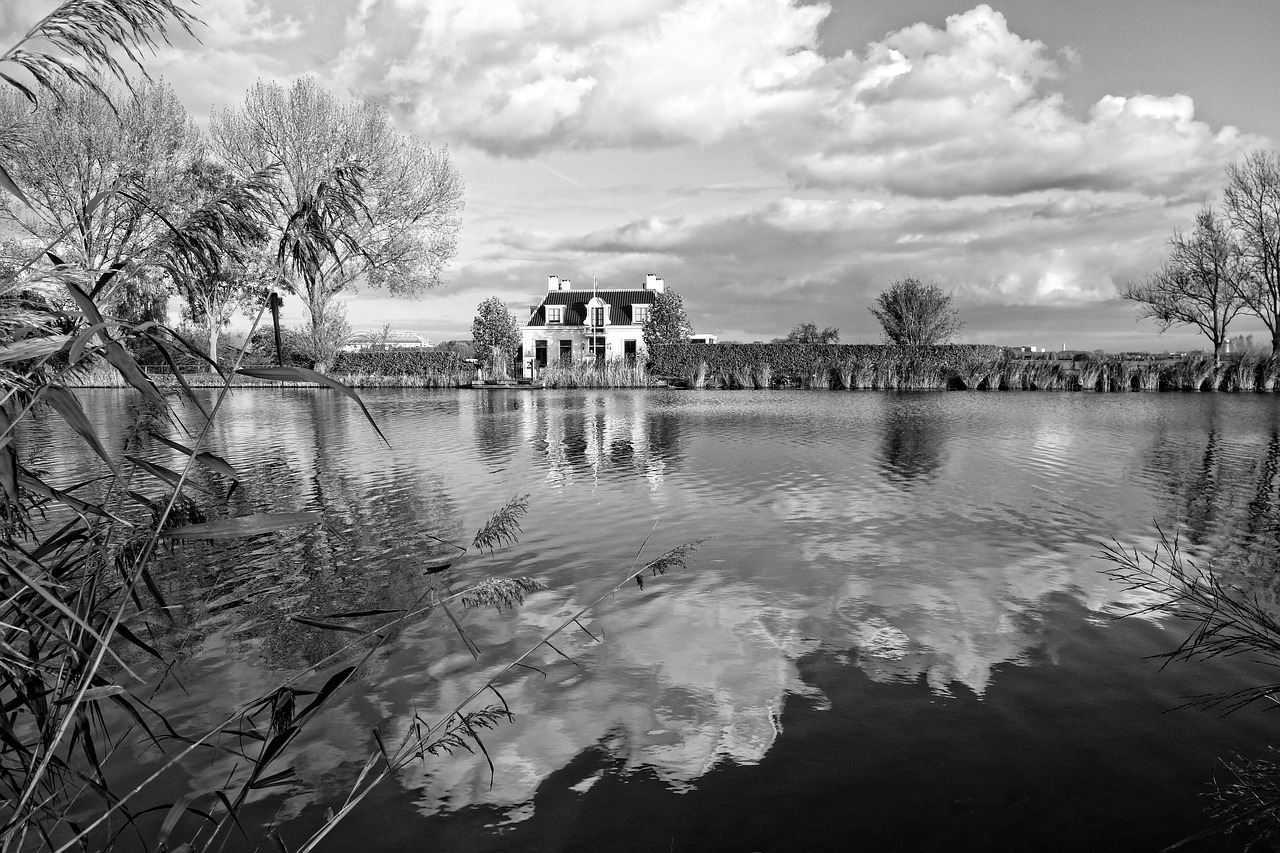 Image - water river shore house clouds