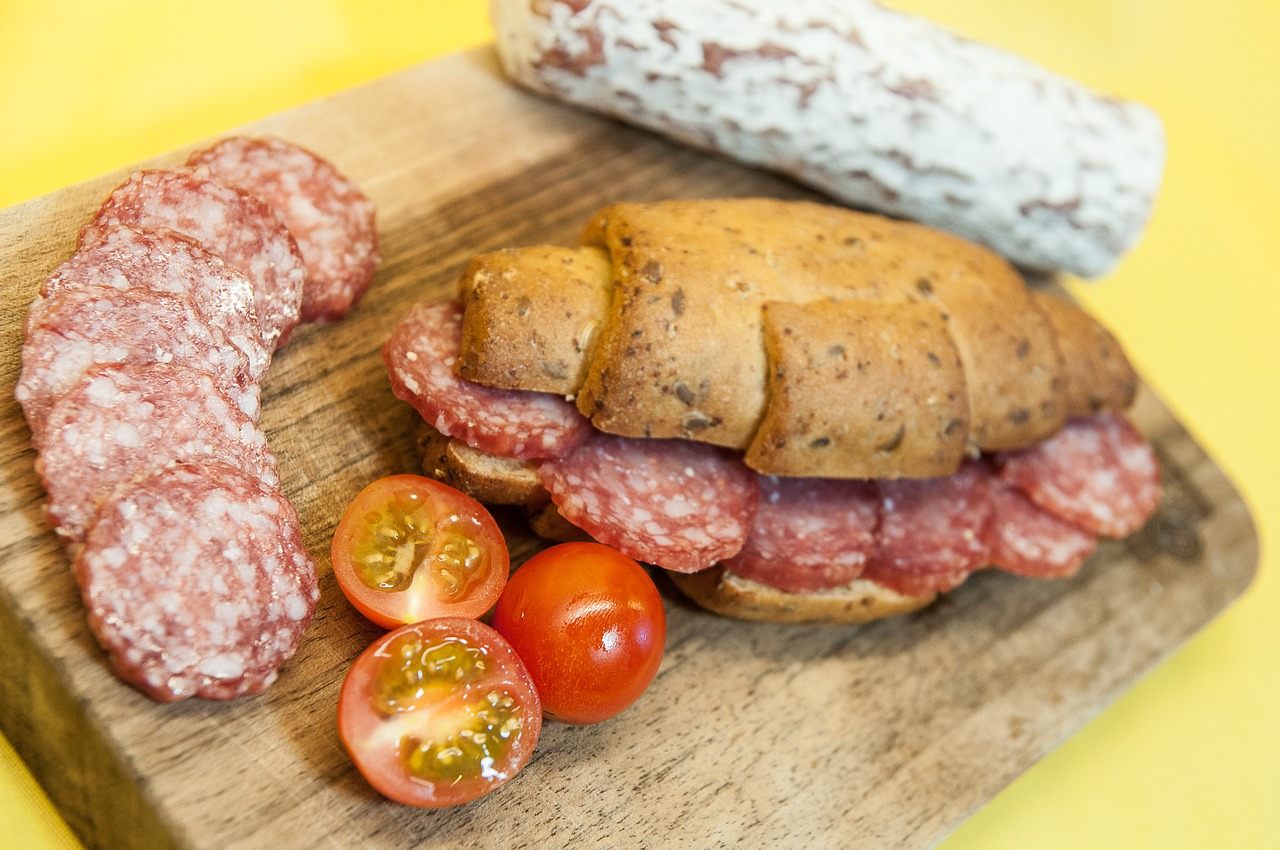 Image - salami roll tomato bread food