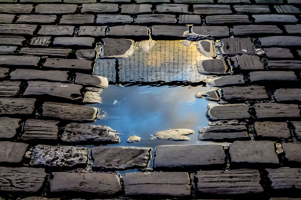 Image - reflection brick road rain fence