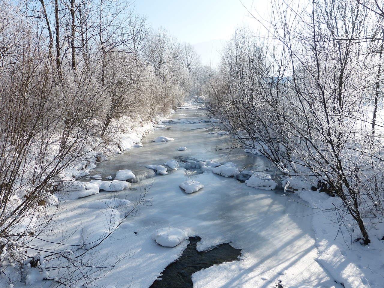 Image - winter river frozen snow bank