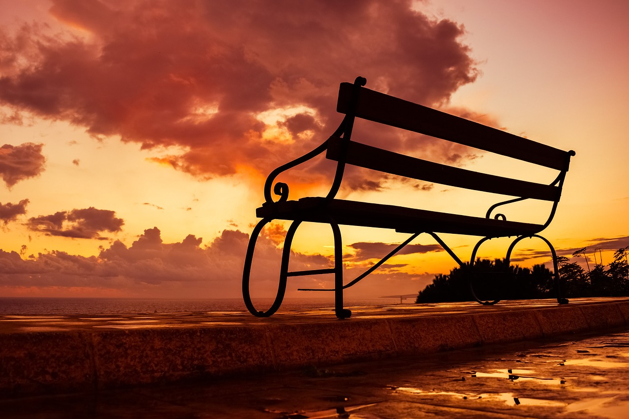 Image - bench sunset sky clouds scenery