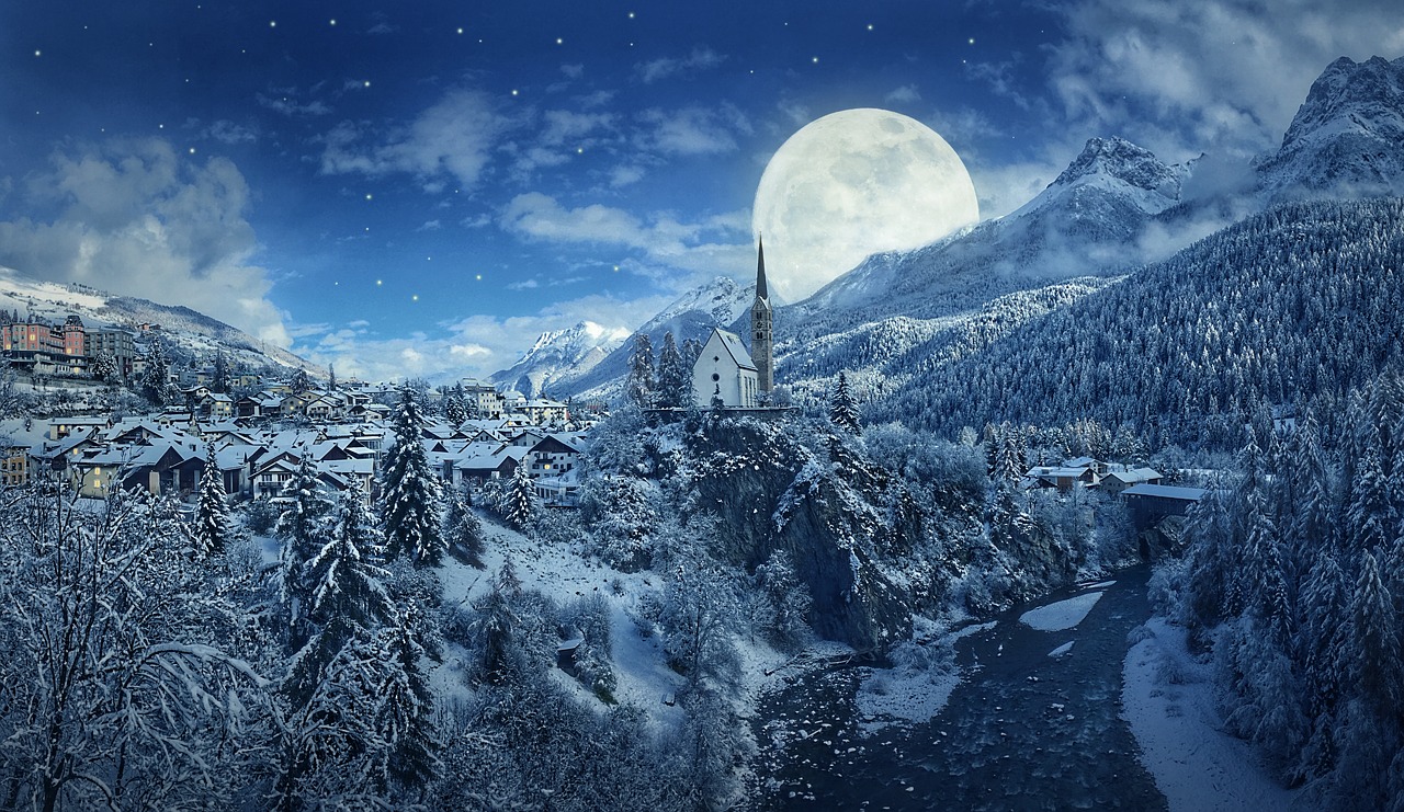 Image - winter night snow mountains moon