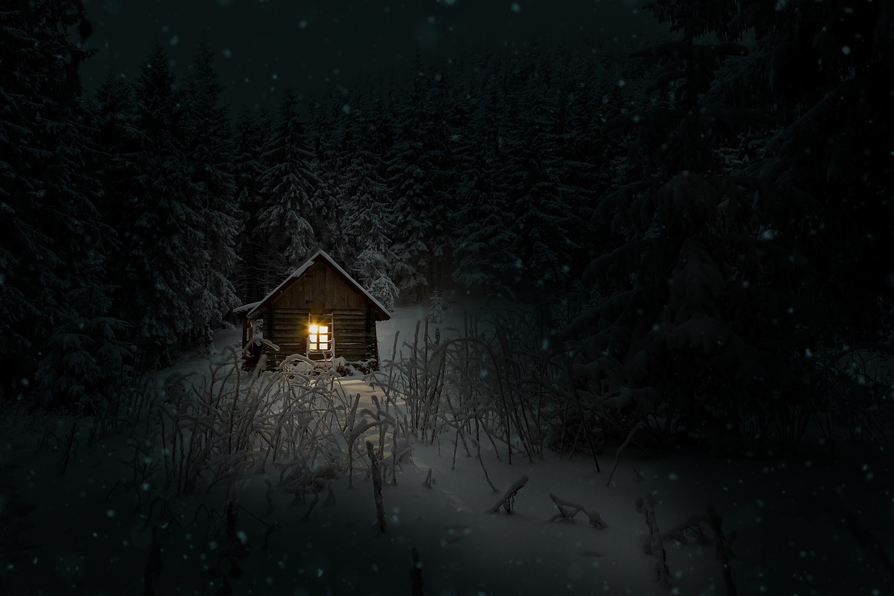 Image - cabin winter night snow cold