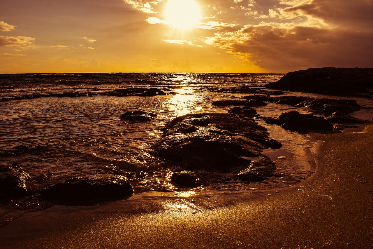 Image - beach coast sunset rock sand sun