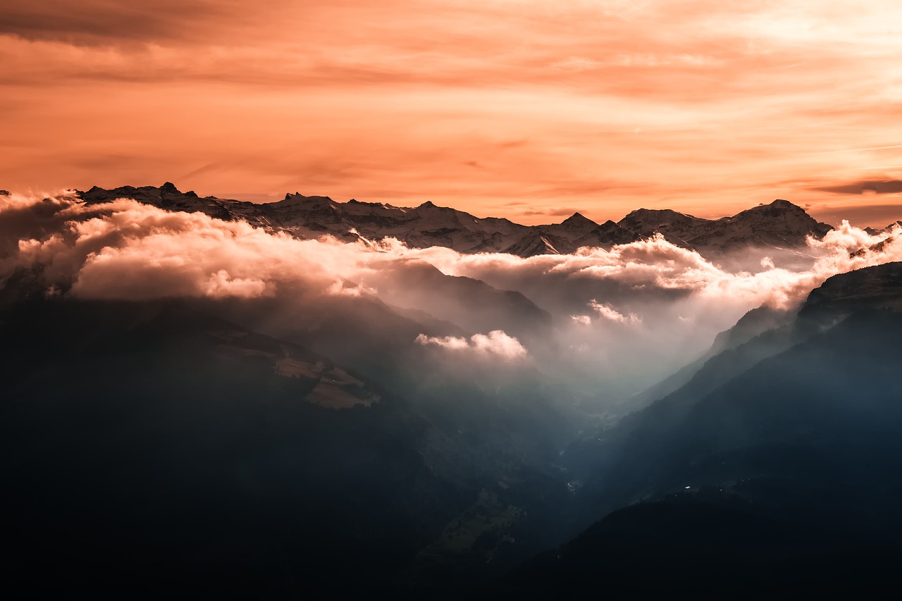 Image - mountains sun fog orange