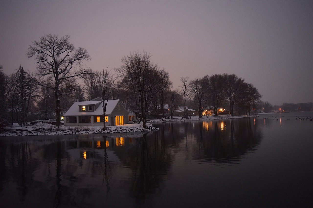 Image - snow house lake night lights