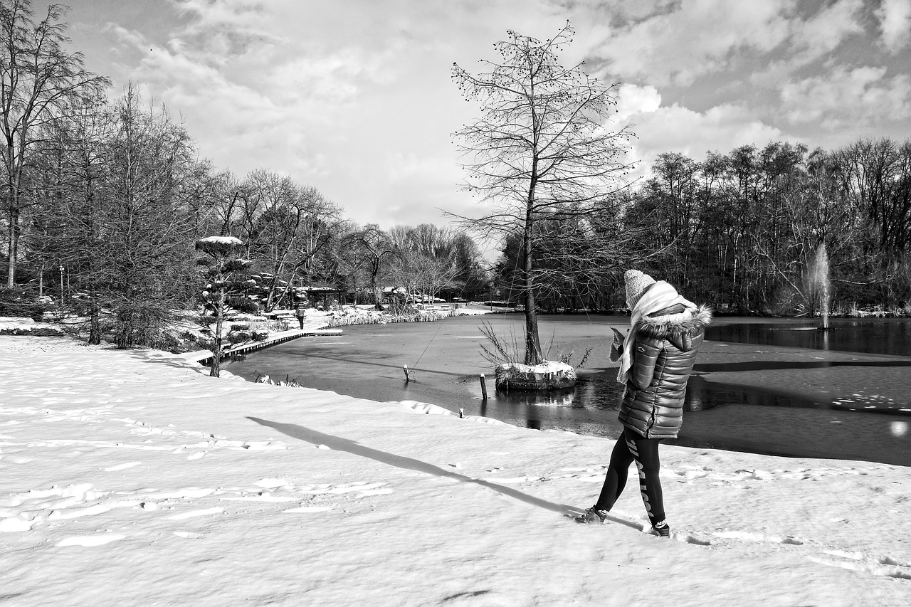 Image - person standing snow winter pond