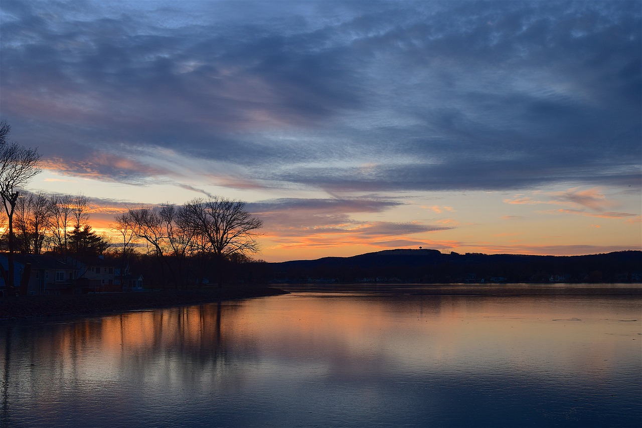 Image - lake sunset ice clouds trees