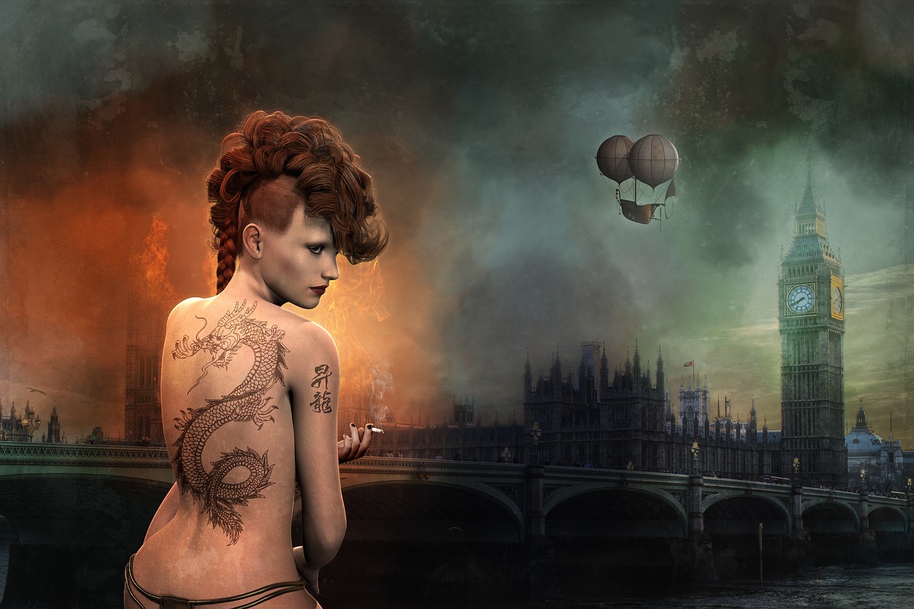 Image - woman dragon tattoo portrait city
